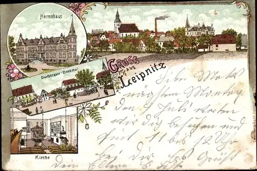 Litho Leipnitz Grimma in Sachsen, Herrenhaus, Dorfstraße, Denkmal, Kirche, Teilansicht