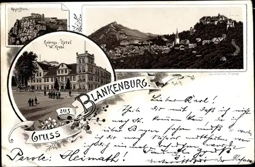 Vorläufer Litho Blankenburg am Harz, Regenstein, Gebirgs Hotel von W. Krebs, Panorama