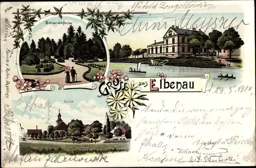 Litho Elbenau Schönebeck an der Elbe, Kirche, Gasthaus, Garten