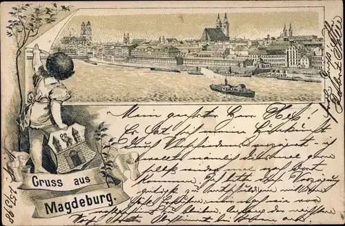 Passepartout Litho Magdeburg an der Elbe, Stadtpanorama, Dom