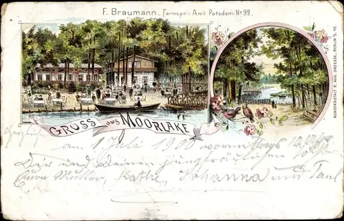 Litho Berlin Zehlendorf Wannsee, Moorlake, Gasthaus mit Anlegestelle