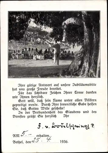 Ak Bethel Bielefeld in Nordrhein Westfalen, Dankschreiben auf Jubiläumsbitte 1936