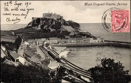 Ak Gorey Jersey Kanalinseln, Mont Orgueil Castle, Bahnhof