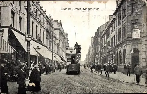 Ak Manchester South West England, General view of the Oldham Street, Straßenbahn