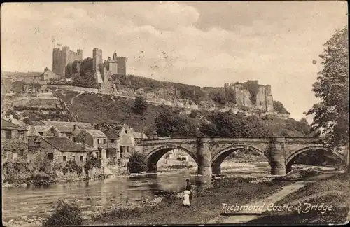 Ak Richmond Yorkshire England, Castle and Bridge