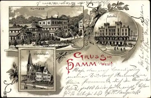 Litho Hamm in Westfalen, Bahnhof, Kurhaus, Ständehaus