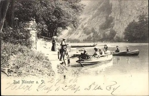 Ak Bad Münster am Stein, Flusspartie mit Ruderbooten