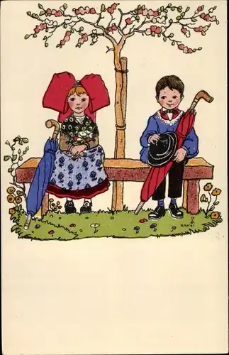 Künstler Ak Hansi, Jean Jacques Waltz, Alsace, Elsässer Kinder in Trachten