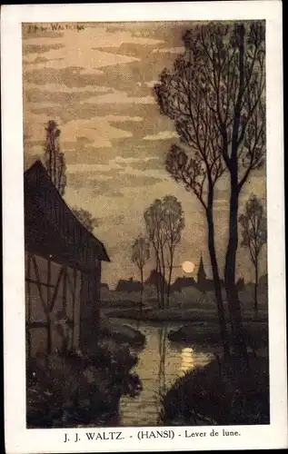 Künstler Ak Hansi Jean Jacques Waltz, Elsass, Alsace, Lever de lune, Mondaufgang