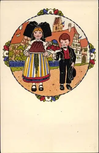 Künstler Ak Hansi, Jean Jacques Waltz, Alsace, Kinder in Elsässer Trachten