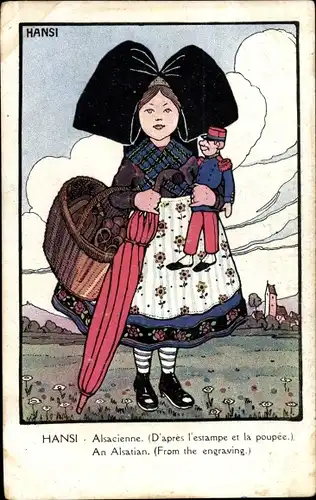 Künstler Ak Hansi, Jean Jacques Waltz, Alsacienne, Mädchen in Elsässer Tracht, Soldatenpuppe