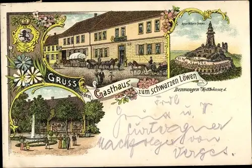 Litho Bennungen am Kyffhäuser Südharz, Gasthaus zum schwarzen Löwen, Kaiser Wilhelm Denkmal