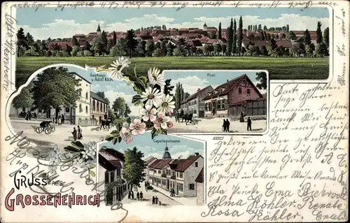 Litho Großenehrich im Kyffhäuserkreis, Gasthaus, Kapellenstraße, Post, Panorama