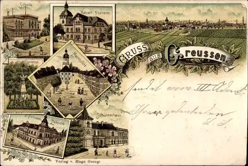 Litho Greußen in Thüringen, Schützenhaus, Gasthaus zum Prinzen Leopold, Schule, Postamt