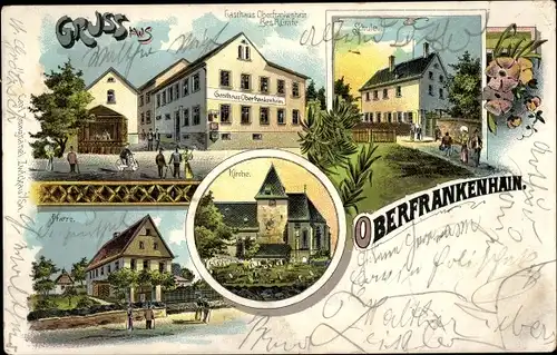 Litho Oberfrankenhain Frohburg in Sachsen, Schule, Gasthaus, Kirche, Pfarre