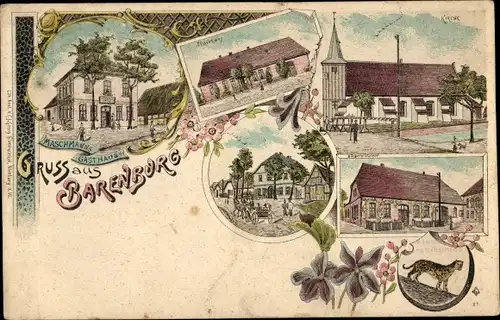 Litho Barenburg in Niedersachsen, Maschmanns Gasthaus, Pfarrhaus, Kirche