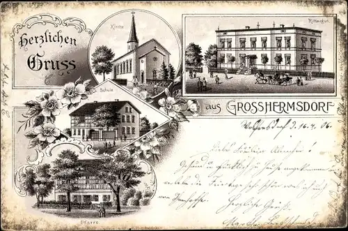 Litho Großhermsdorf Regis Breitingen Sachsen, Rittergut, Kirche, Schule, Pfarre