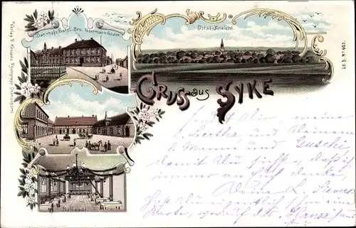 Litho Syke in Niedersachsen, Bahnhofshotel, Totalansicht