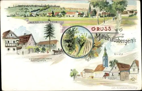 Litho Mittelhausbergen Elsass Bas Rhin, Kirche, Rehberg, Wirtschaft zur Tanne