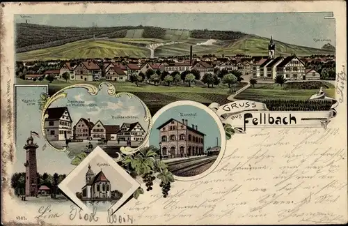 Litho Fellbach in Württemberg, Bahnhof, Gleisseite, Buchdruckerei, Kirche, Apotheke, Totalansicht