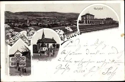 Litho Lauda Königshofen im Main Tauber Kreis, Hotel von G. Müller, Marienkirche, Bahnhof, Gleisseite