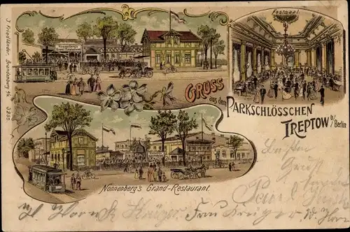 Litho Berlin Treptow, Parkschlösschen, Nonnenbergs Grand Restaurant, Innenansicht, Straßenbahn