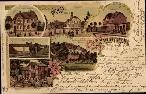 Litho Schlotheim in Thüringen, Bahnhof, Gleisseite, Schloss, Postamt, Waldschlösschen