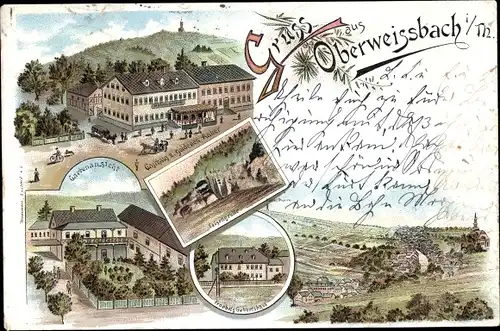 Litho Oberweißbach im Weißbachtal Thüringen, Gasthaus zum goldenen Anker, Felsengrotte