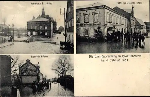 Ak Großröhrsdorf in Sachsen, Hochwasser 4.2.1909, Hotel zur goldnen Krone, Schmiede
