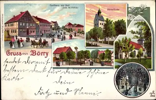 Litho Börry Emmerthal Niedersachsen, Gasthaus zur Post, Obere u. Untere Kirche, Kriegerdenkmal