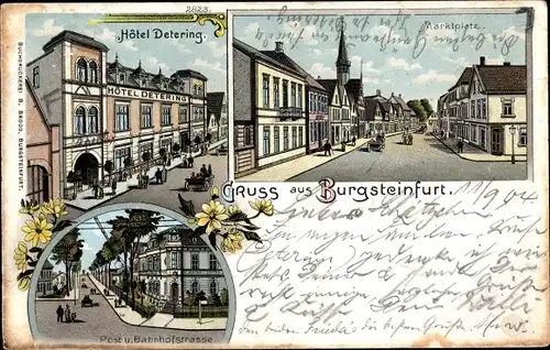 Litho Burgsteinfurt Steinfurt im Münsterland, Hotel Detering, Marktplatz, Bahnhofstraße