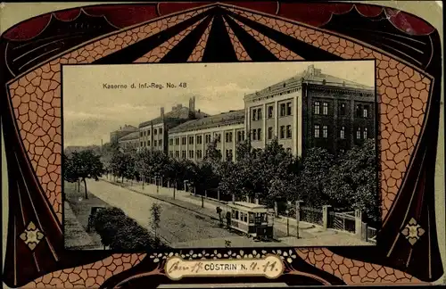 Jugendstil Ak Kostrzyn nad Odrą Cüstrin Küstrin Ostbrandenburg, Kaserne Inf. Rgt. 48, Straßenbahn 3
