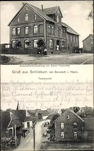 Ak Schliekum Sarstedt Niedersachsen, Kolonialwarenhandlung, Totalansicht