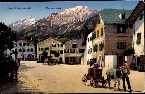 Ak Bad Reichenhall in Oberbayern, Floriansplatz, Fuhrwerk