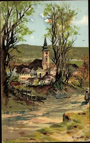 Künstler Ak Guggenberger, T., Schäftlarn Oberbayern, Ortspartie, Kirche