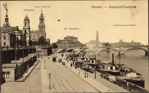 Ak Dresden, Dampfschifflandeplatz, Kath. Hofkirche, Ständehaus, Friedrich-August-Brücke, Opernhaus