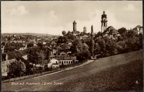 Ak Auerbach im Vogtland Sachsen, Panorama von Süden, Kirche