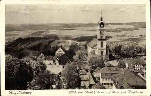 Ak Augustusburg im Erzgebirge, Blick vom Aussichtsturm auf Stadt und Umgebung, Kirche