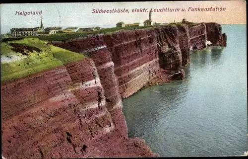 Ak Nordseeinsel Helgoland, Südwestküste, elektr. Leuchtturm und Funkenstation