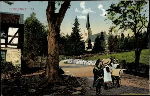 Ak Schierke Wernigerode im Harz, Teilansicht, Kirche, Kinder