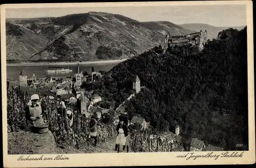 Ak Bacharach am Rhein, Burg Stahleck, Jugendburg, Blick auf den Ort, Weinlese