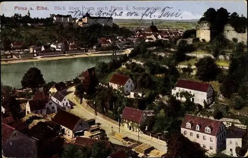 Ak Pirna an der Elbe, Blick über Posta nach Pirna und Sonnenstein