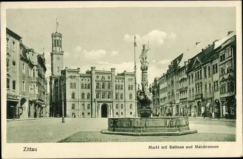 Ak Zittau in Sachsen, Markt mit Rathaus und Marsbrunnen