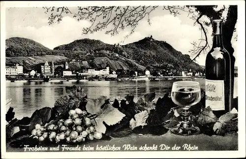 Ak Königswinter am Rhein, Ortsansicht, Wein, Flasche Drachenblut