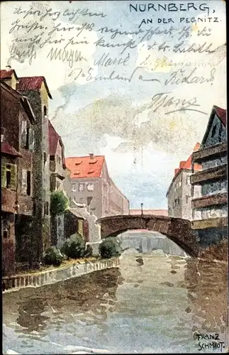 Künstler Ak Schmidt, Franz, Nürnberg in Mittelfranken, An der Pegnitz, Brücke