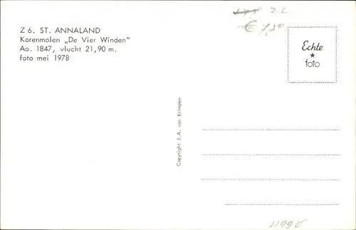 Ak Sint Annaland Zeeland Niederlande, Korenmolen De Vier Winden, Ao. 1847