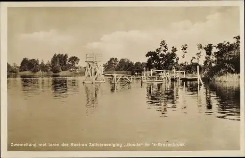 Ak 's Gravenbroek Reeuwijksche Plassen, Zwemeiland met toren der Roel en Zeilvereening Gouda