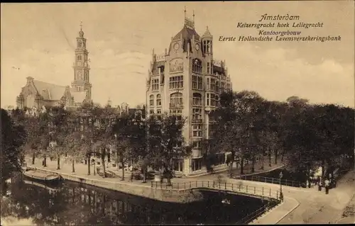 Ak Amsterdam Nordholland Niederlande, Keizersgracht hoek Leliegracht, Kantoorgebouw