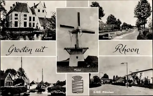 Ak Roon Rhoon Südholland, Kasteel, Molen, Groene Kruisweg, Haven, G.E.C. Ribiuslaan