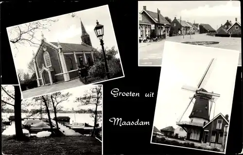 Ak Maasdam Südholland, Kirche, Windmühle, Seesteg, Marktplatz